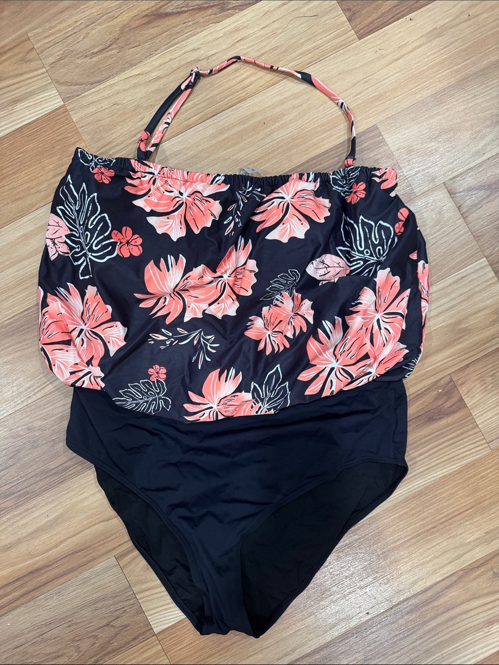 Black One-Piece Swimsuit with Coral Floral Print